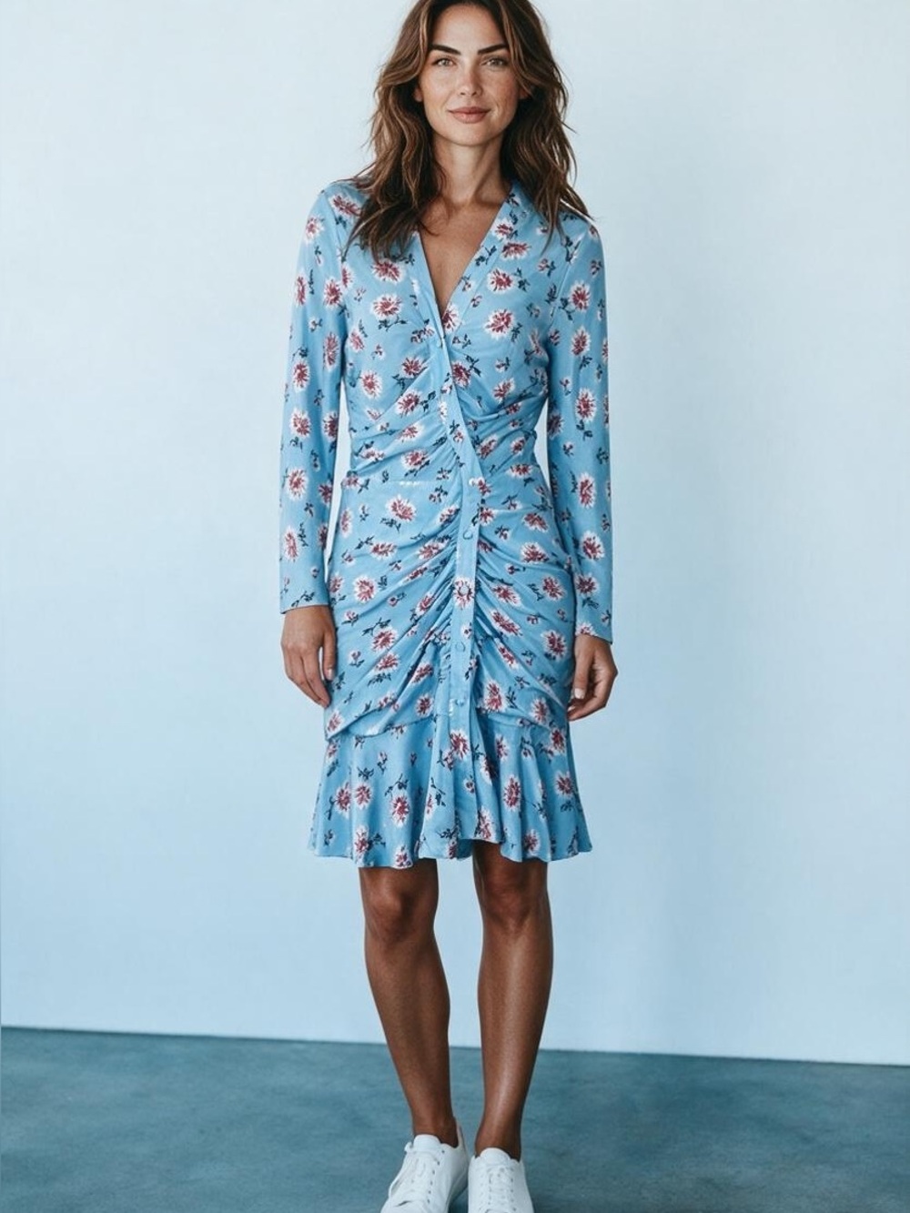 Veronica Beard Light Blue Floral Wrap Ruched Mini Dress